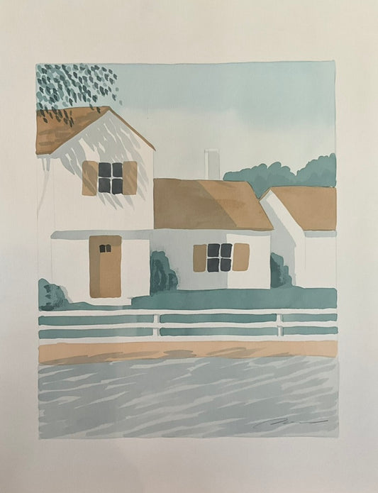 A watercolor painting depicting a house and surrounding landscape, predominantly in soft colors.