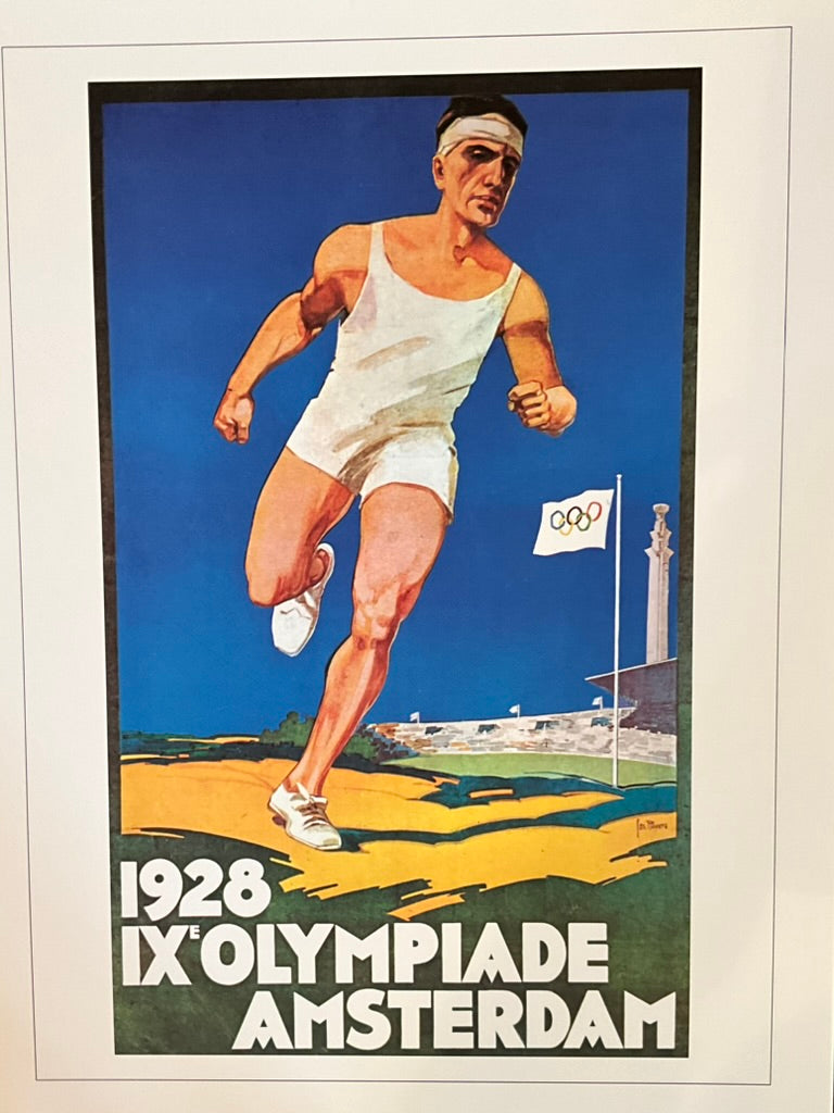 A vintage style poster depicting a male figure in a white athletic suit with the backdrop of a stadium and Olympic rings in the background, indicating it is part of the Olympic Collection 1928 Amsterdam, Germany