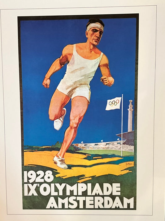 A vintage style poster depicting a male figure in a white athletic suit with the backdrop of a stadium and Olympic rings in the background, indicating it is part of the Olympic Collection 1928 Amsterdam, Germany