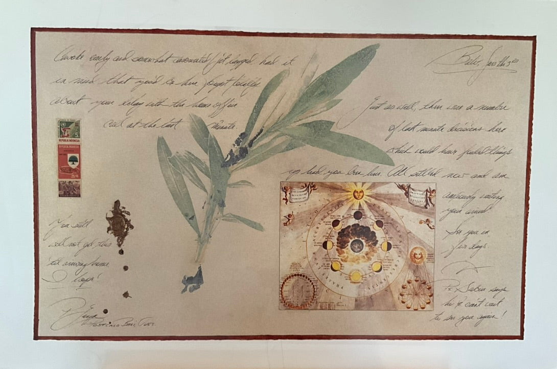 A poster featuring an illustration of a postcard with green leaves and written text, indicating a theme of memories and travel.