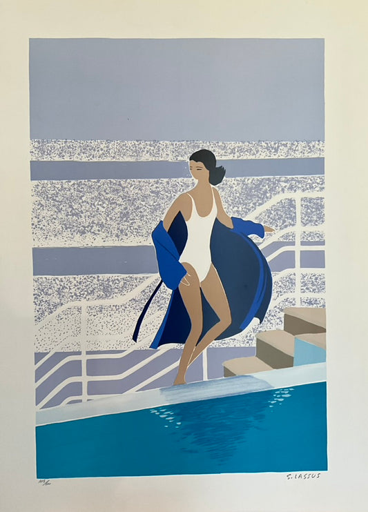 A poster of a woman in a swimsuit walking out of a pool, with a staircase and blue sky in the background.