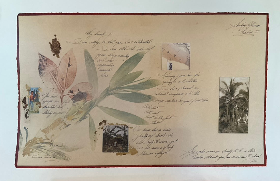 A poster with an illustration of a leaved branch of a plant and a vintage-style postcard, accompanied by handwritten-style text.