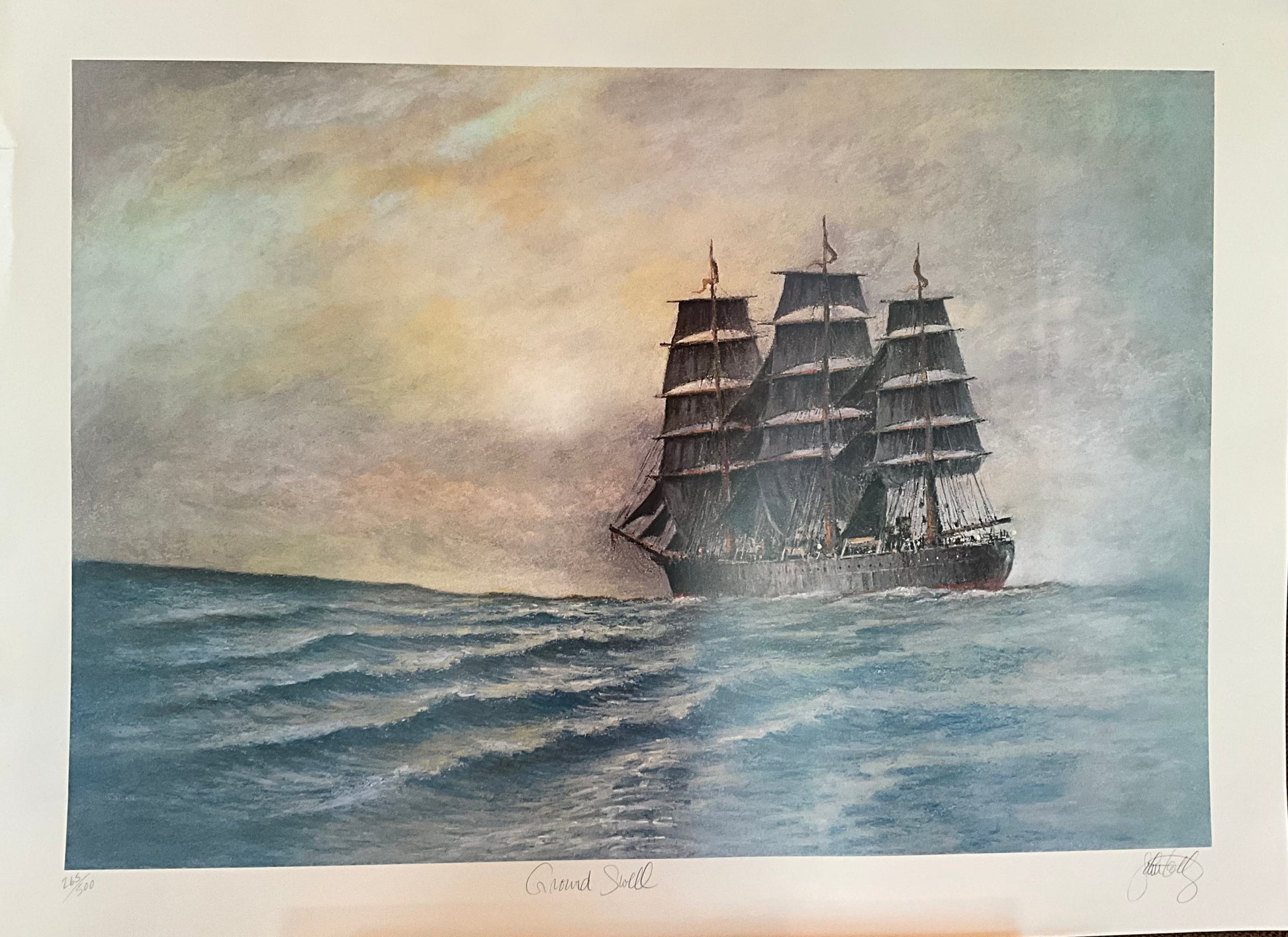 unframed limited edition maritime painting of a tall sailing ship at sea during sunrise by artist John Kelly, titled Ground Swell