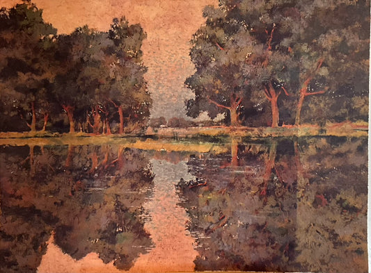 unframed of trees reflection in the pond with a sunset sky
