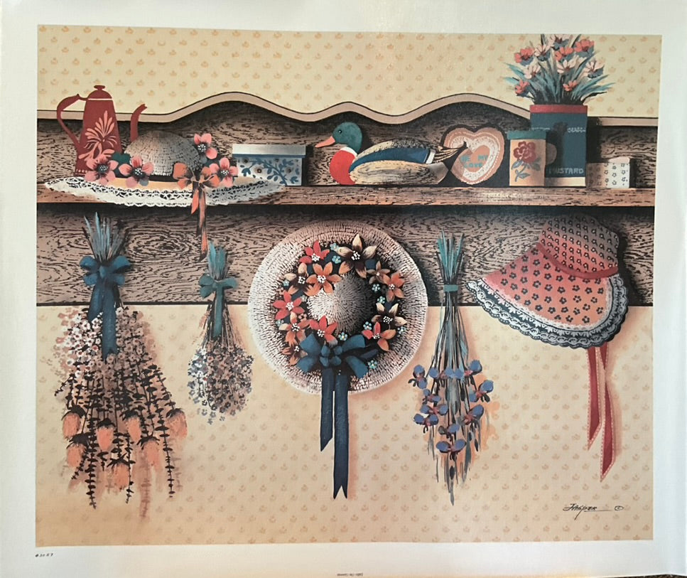 A colorful artwork depicting a country-cottage style home decor scene with a hat, teapot, and other items on a wooden shelf.
