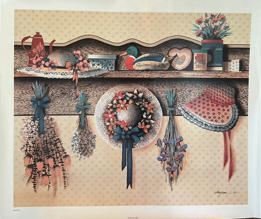 A colorful artwork depicting a country-cottage style home decor scene with a hat, teapot, and other items on a wooden shelf.