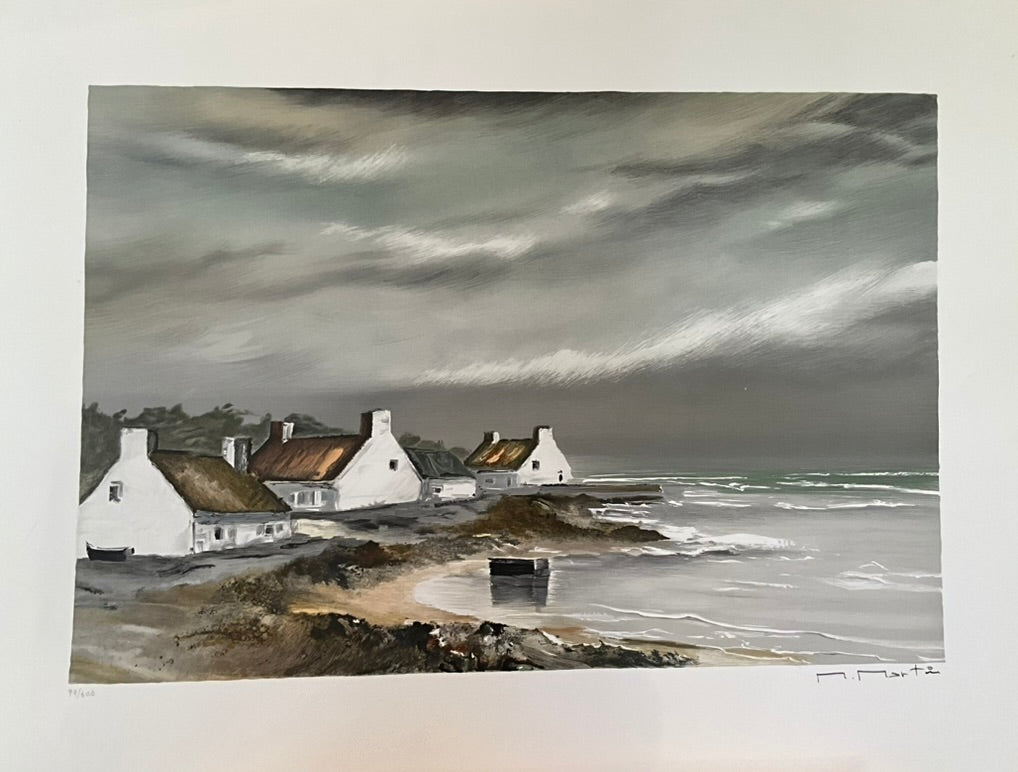 Limited edition coastal village painting by artist M. Martz, depicting white seaside cottages with thatched roofs along a rocky shoreline under a dramatic gray sky and stormy ocean.
