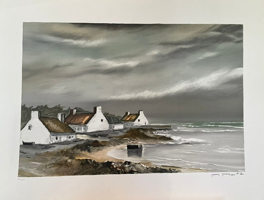 Limited edition coastal village painting by artist M. Martz, depicting white seaside cottages with thatched roofs along a rocky shoreline under a dramatic gray sky and stormy ocean.
