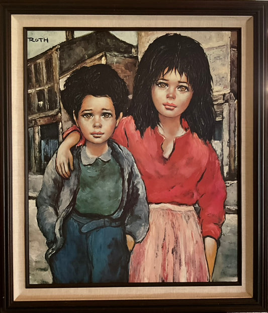 A framed painting of two children, one with her arm around the other, in front of a tall buildings and an empty street.