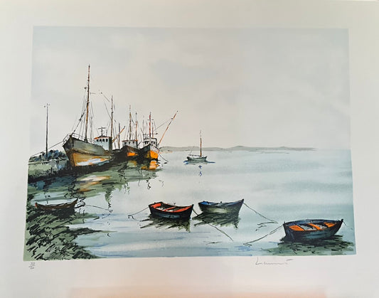 22" x 30" Unframed Artist Signature Limited Edition: 600 Total Produced Boat-Ships-Ocean-Maritime by 
Jean-Pierre Laurent "Trawlers in Port"