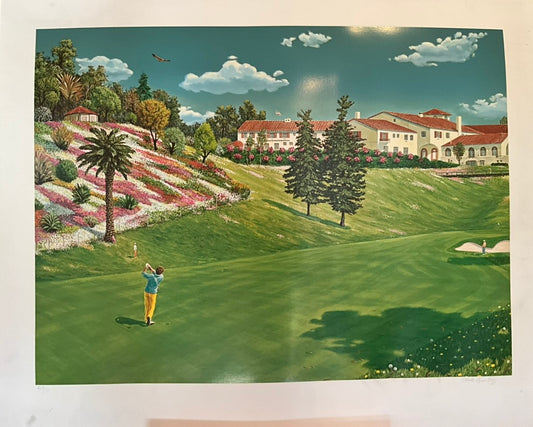 Unframed artwork depicting a golf course scene with a player in mid-swing, surrounded by greenery and a blue sky.
