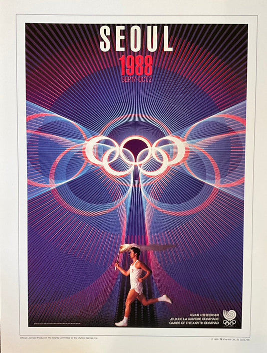 Unframed poster of the 1988 Seoul Olympic Games, featuring the Olympic rings and a silhouette of a female figure running.