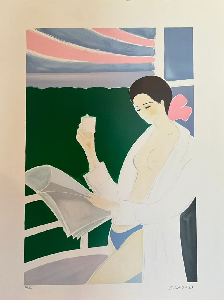 A painting depicting a woman in a white robe reading a newspaper, with a scenic background including a pool and trees.