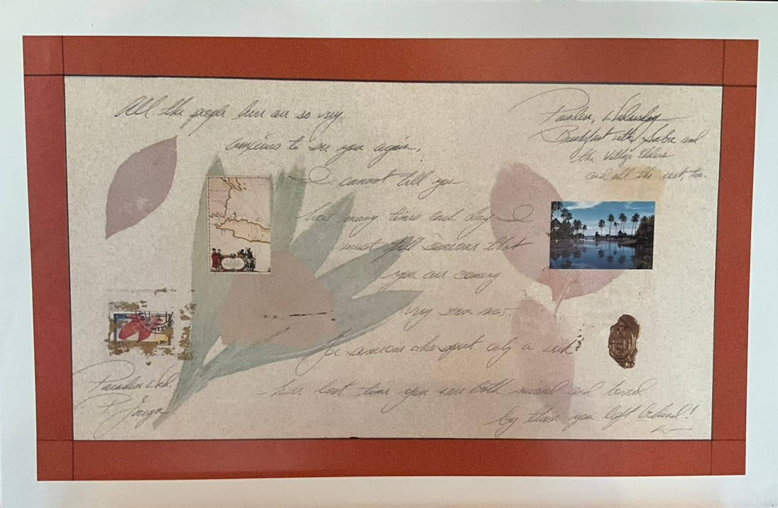 A poster with a vintage postcard design, featuring text and illustrations related to travel and memories.