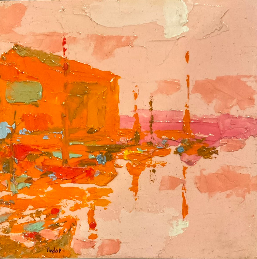 A hand-painted artwork featuring a building in shades of pink and orange with an abstract background.