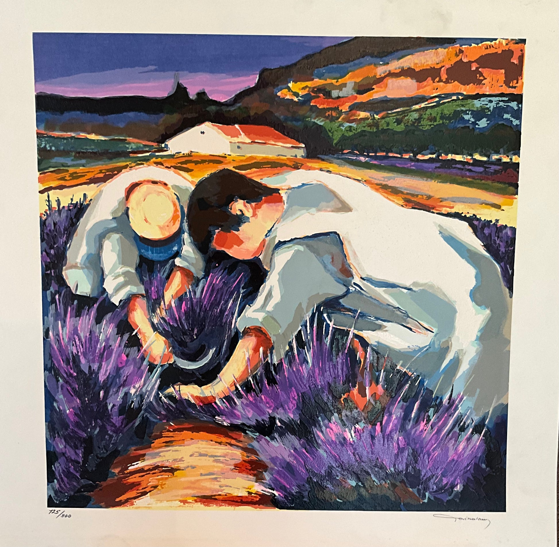 An unframed artwork depicting two people working in a lavender field, with a colorful landscape featuring a town and hills in the background.