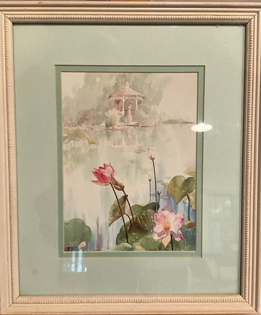 Painting of a distant gazebo across a pond, with flowers blooming in the foreground.