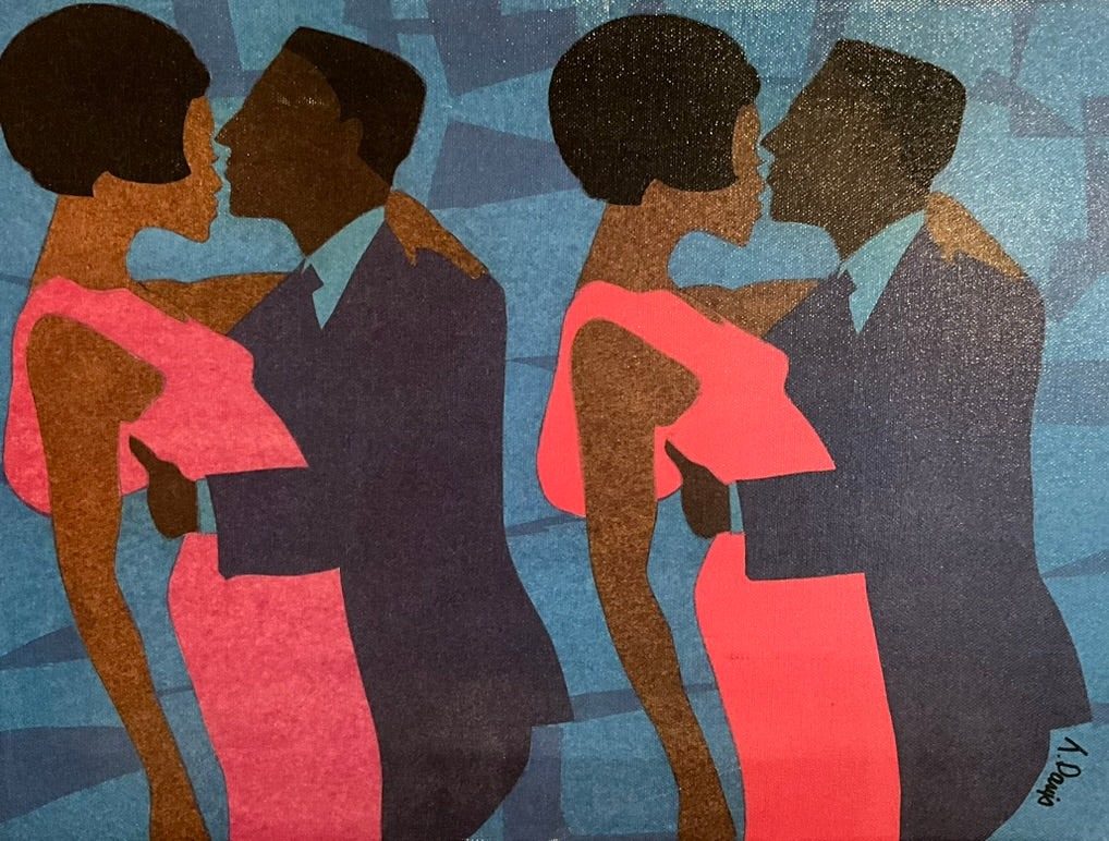 A serigraph on stretched canvas featuring a couple kissing, with vibrant pink and blue colors on a blue background.