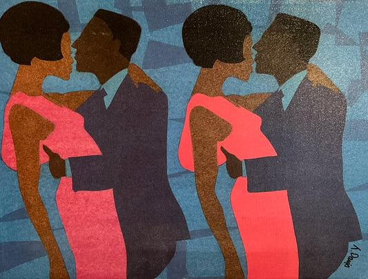 A serigraph on stretched canvas featuring a couple kissing, with vibrant pink and blue colors on a blue background.