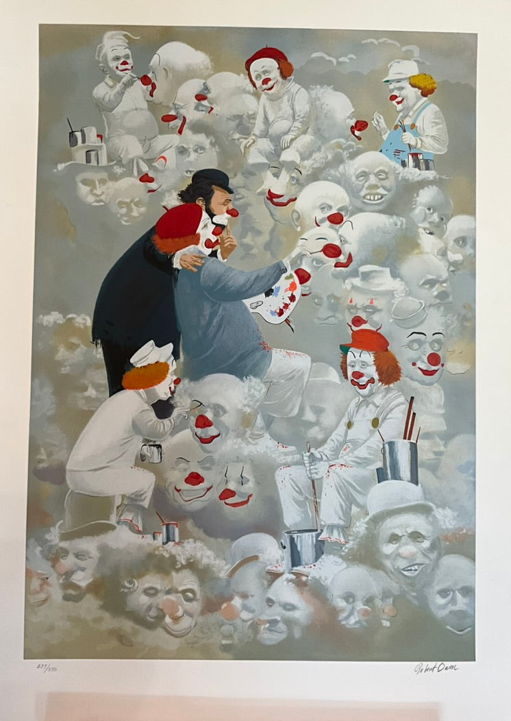 An unframed and matted print featuring a clown with a red nose and a concertina, surrounded by various other clown figures in a circus setting.