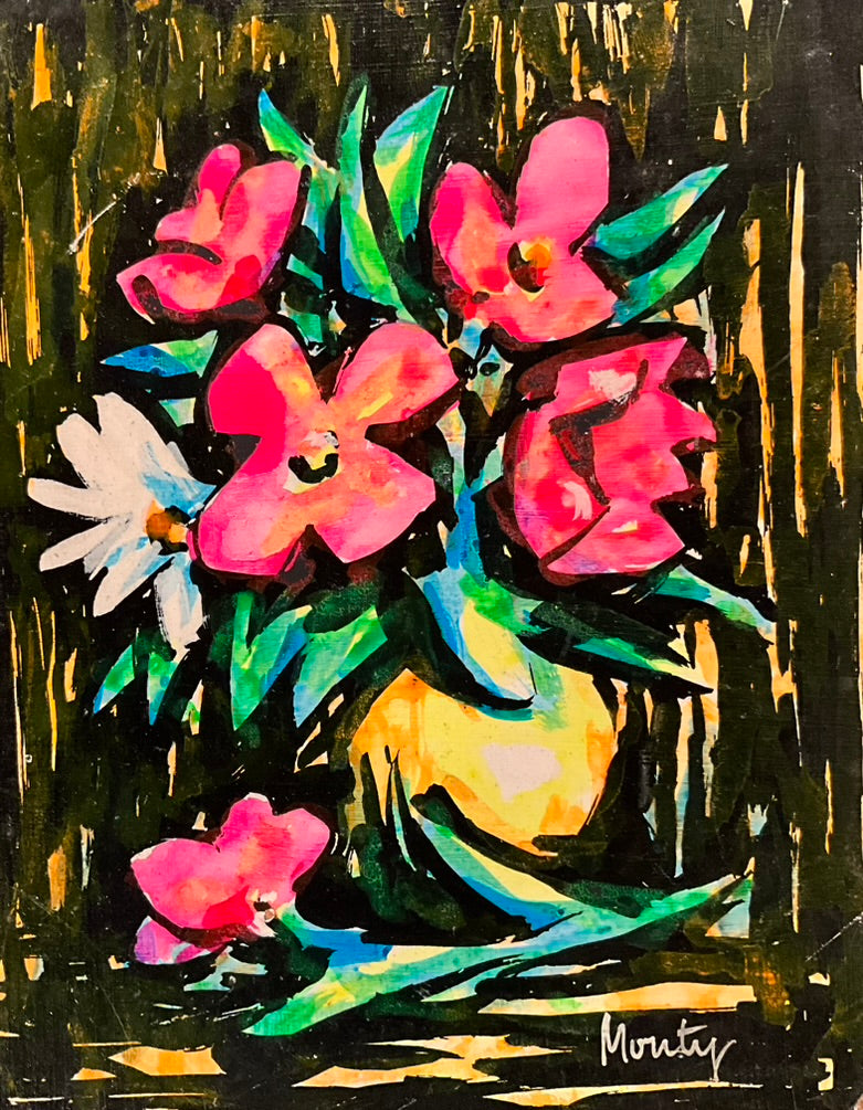 A vibrant painting of a floral arrangement featuring bold pink, red, and white flowers with green leaves in a yellow vase. The background is dark with abstract vertical strokes of black and gold, giving the image a dramatic and expressive feel. The painting is signed 'Monty' in the bottom right corner.