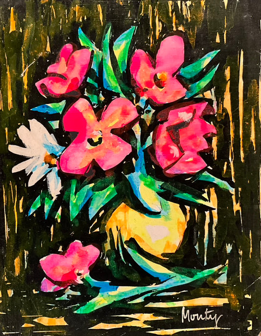 A vibrant painting of a floral arrangement featuring bold pink, red, and white flowers with green leaves in a yellow vase. The background is dark with abstract vertical strokes of black and gold, giving the image a dramatic and expressive feel. The painting is signed 'Monty' in the bottom right corner.