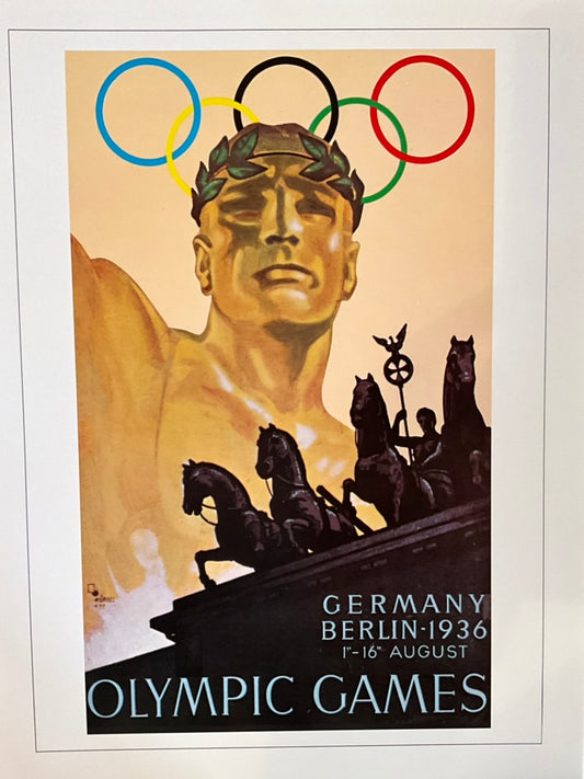 A poster featuring a classical statue with Olympic rings, indicating it is part of an Olympic collection, specifically representing the 1936 Berlin Games.