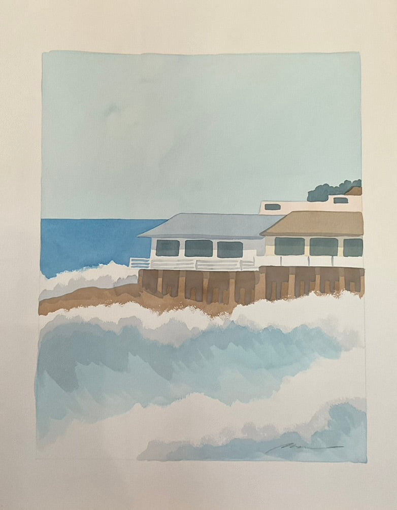 A watercolor painting depicting a house by the bluff with a serene view of the ocean in the background.