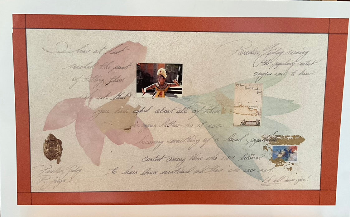 A bordered poster with a vintage postcard design featuring text and a photograph.