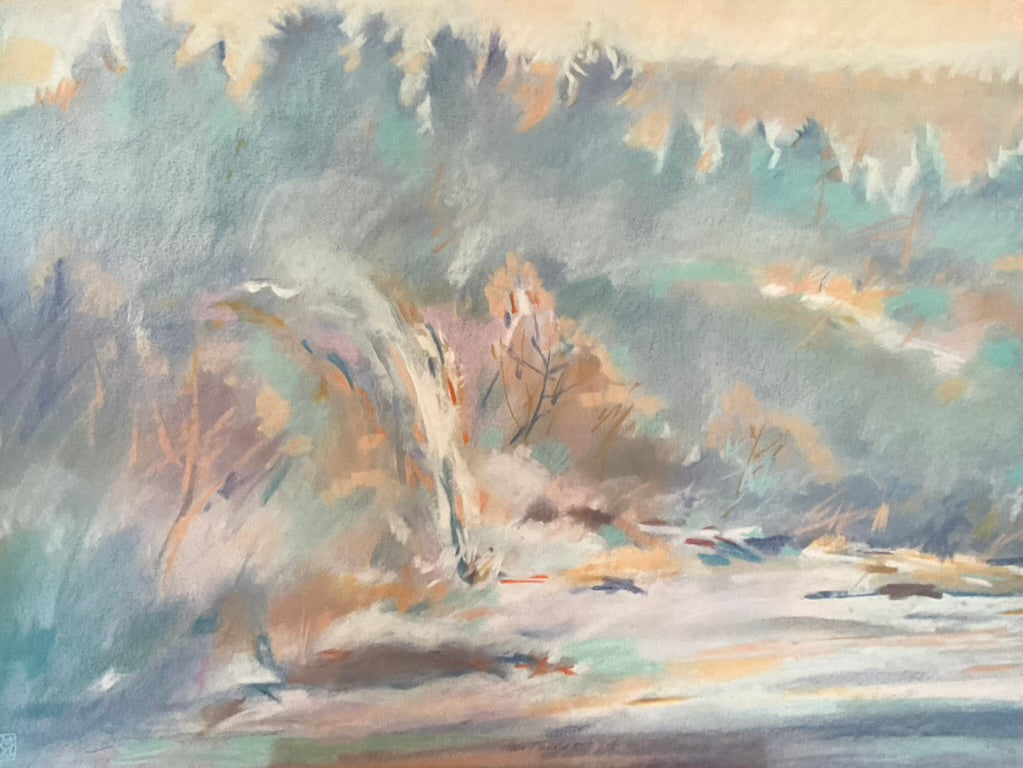 Soft pastel landscape painting of a misty forest with gentle trees and a flowing stream. The composition uses light, airy brushstrokes and a muted color palette of blues, greens, purples, and warm beige tones to create a serene, dreamlike atmosphere.