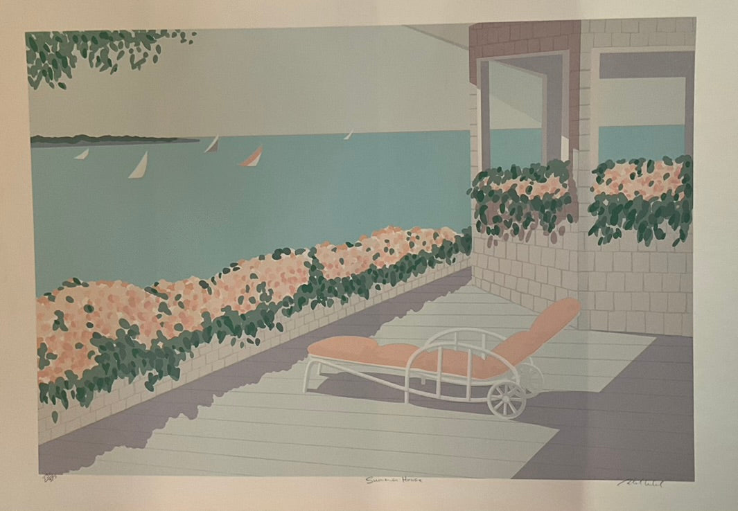 Unframed artwork depicting a landscape scenery with trees, a pond, and a view of a house over looking a body of water. There are pink flowers in front of the house and a lounge chair in the foreground.