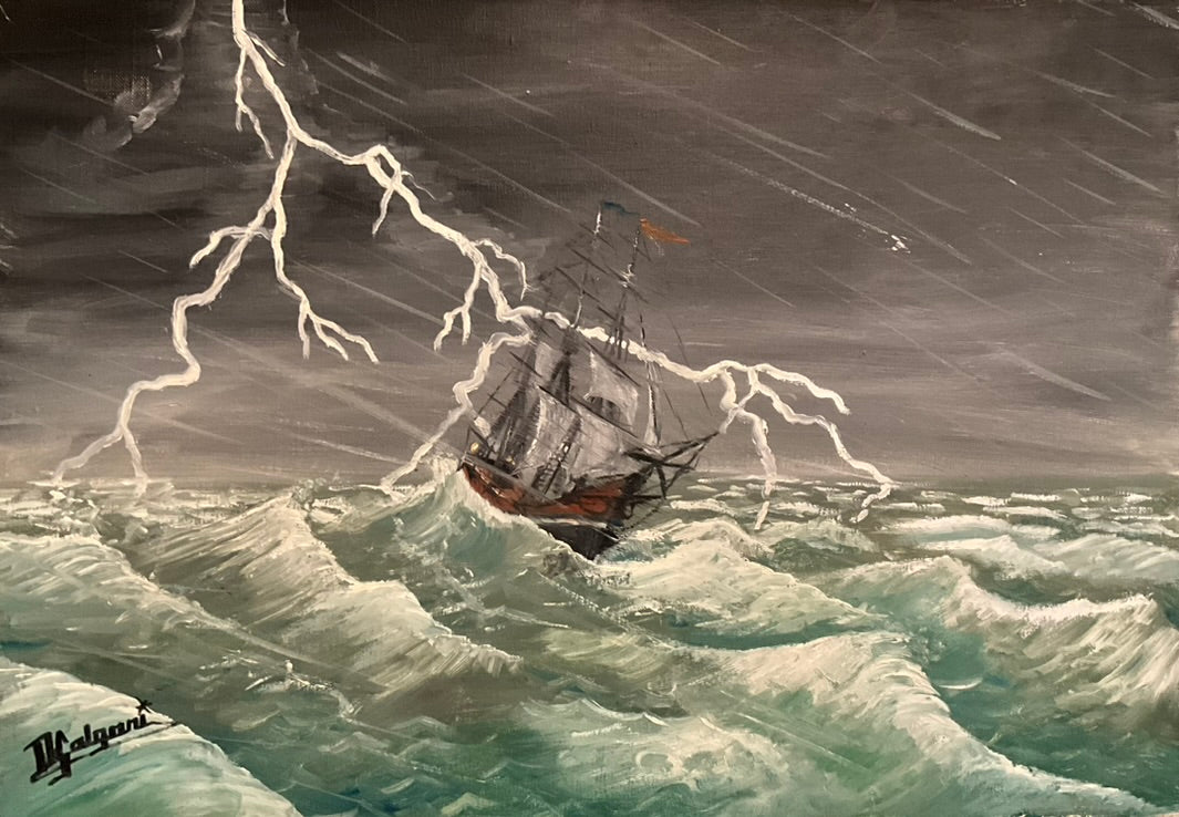 A painting depicting a ship in stormy seas with vivid imagery of lightning and dark clouds.