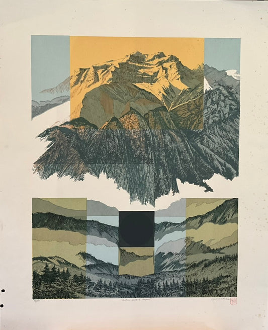 A art print featuring a stylized landscape with mountains and a sunset-like light at the top. The print is bordered with a light beige color.