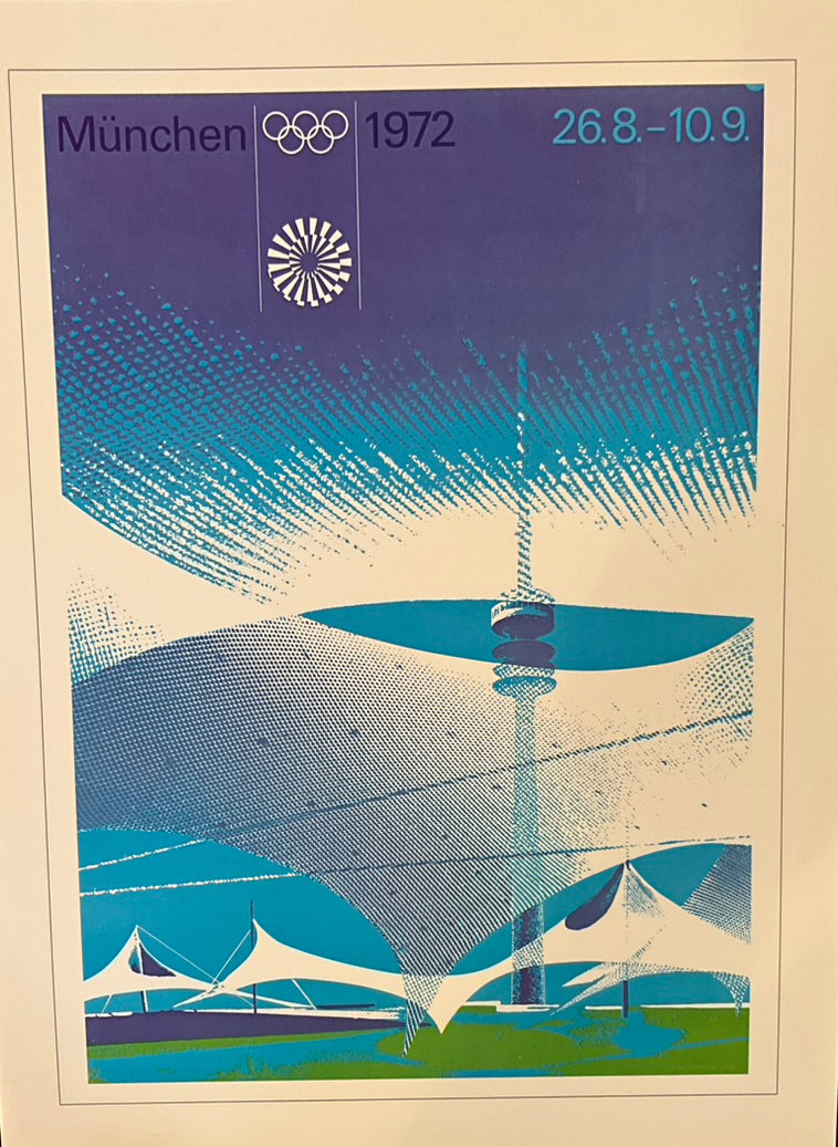 A poster featuring the Olympic Collection with a stylized image of a sports stadium, predominantly in shades of blue and white. Munich 1972