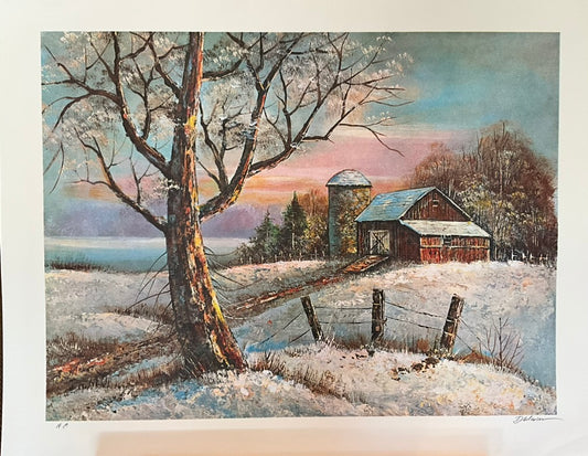 Rustic winter farm landscape painting with a red barn, silo, large tree, and snowy field at sunset.