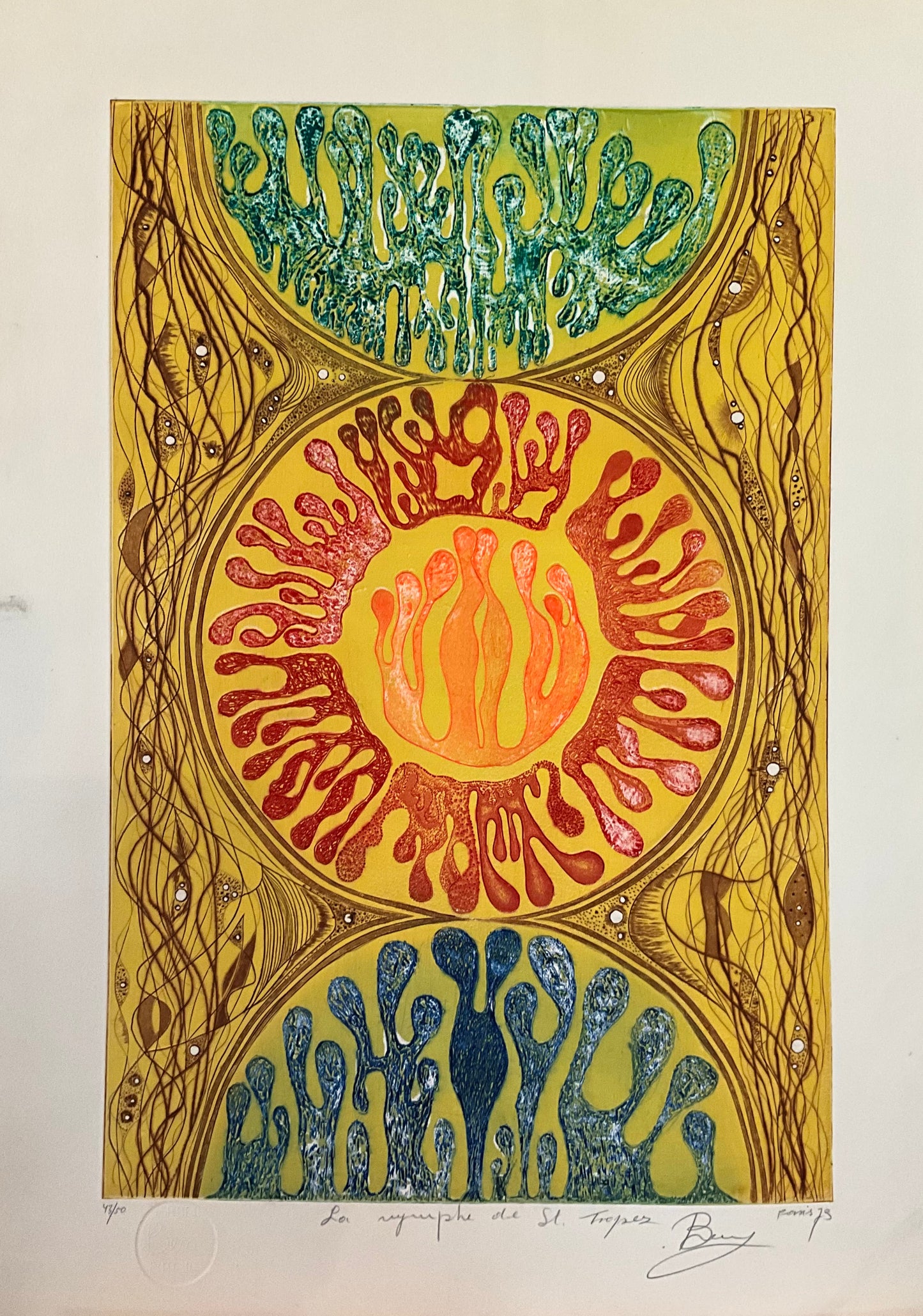 An abstract and surreal art etching featuring various colorful shapes and figures, predominantly in yellow and blue.