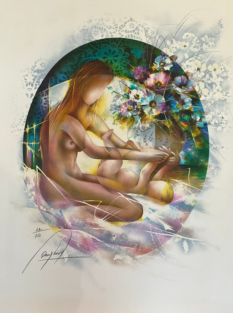 A print featuring a surrealistic painting of a mother embracing her child, with a vase of flowers in the background.