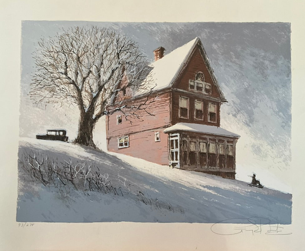 unframed Victorian brick house on a snowy hillside with bare trees and a person on sled in winter.