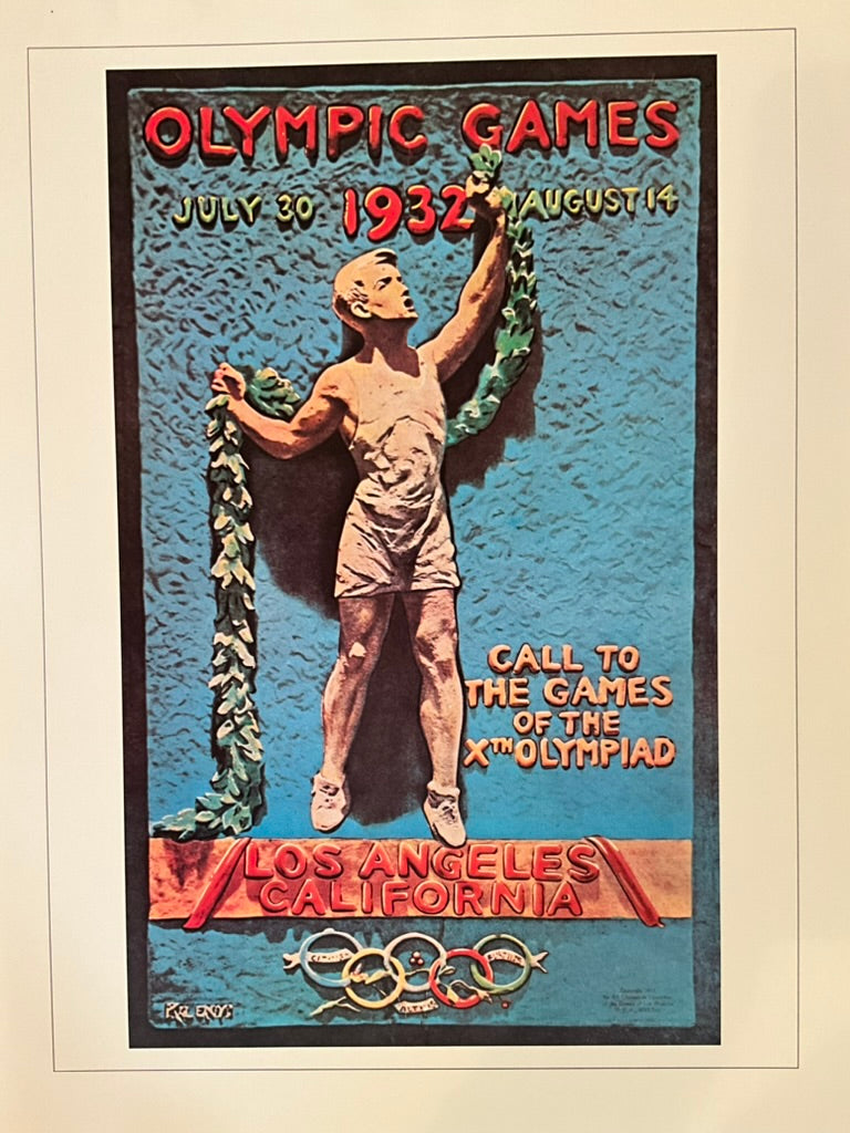 A vintage style poster depicting a male figure with a Olympic rings background, and text that reads 'Olympic Games Los Angeles 1932'.