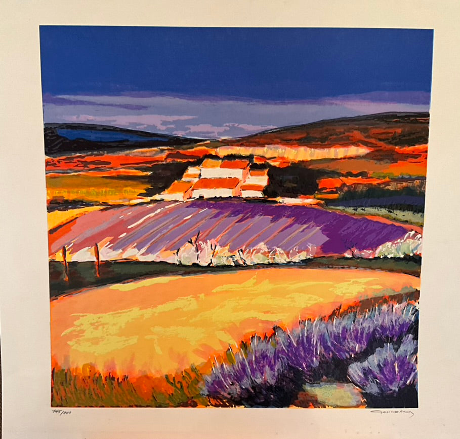 Colorful landscape painting of a countryside with lavender fields, rolling hills, farmhouses, and a dramatic twilight sky.