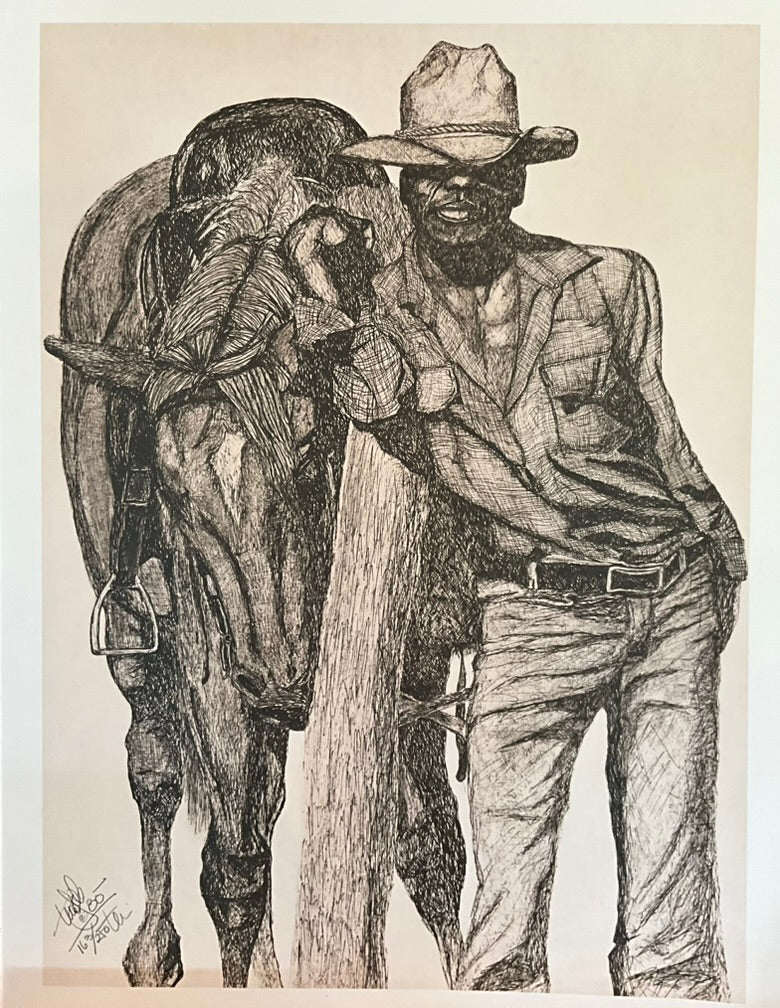 A black and white image of a cowboy wearing a hat and a brown jacket, standing next to a horse.