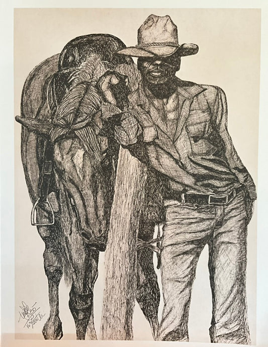 A black and white image of a cowboy wearing a hat and a brown jacket, standing next to a horse.