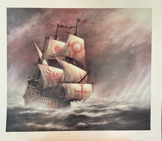 Painting of an old sailing ship with billowing sails marked by red emblems, navigating through stormy seas under a dramatic, cloud-filled sky.