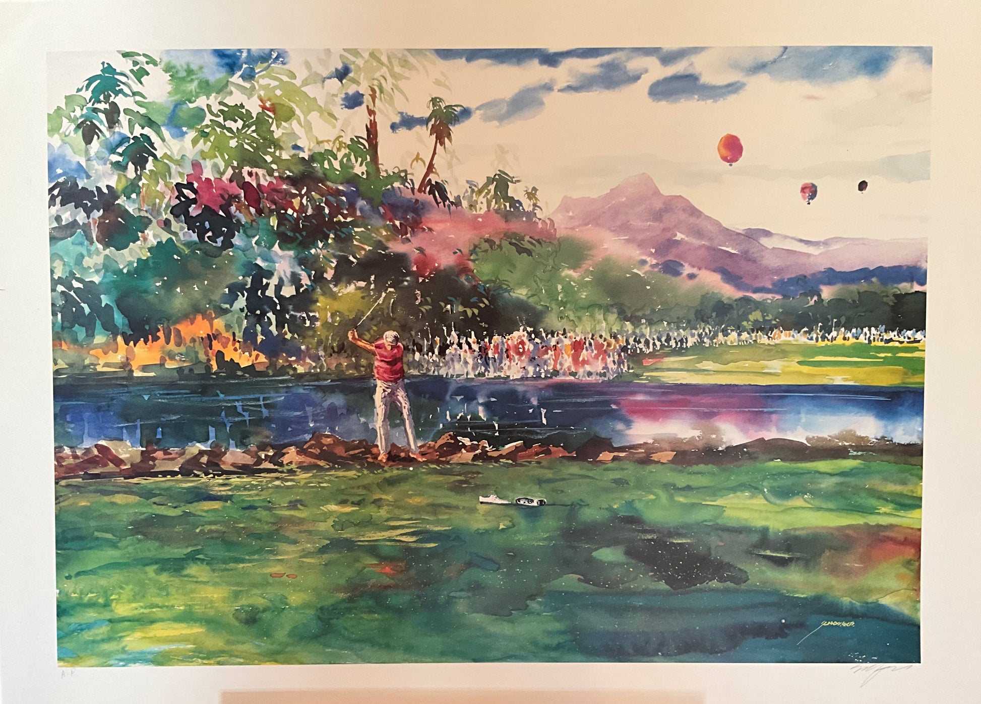 A colorful painting of a golfer on a green course with a background of mountains and a bright sky, featuring several people and a hot air balloon.