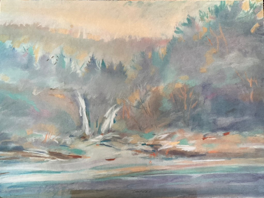 Soft pastel landscape painting of a misty forest with gentle trees and a flowing stream. The composition uses light, airy brushstrokes and a muted color palette of blues, greens, purples, and warm beige tones to create a serene, dreamlike atmosphere.
