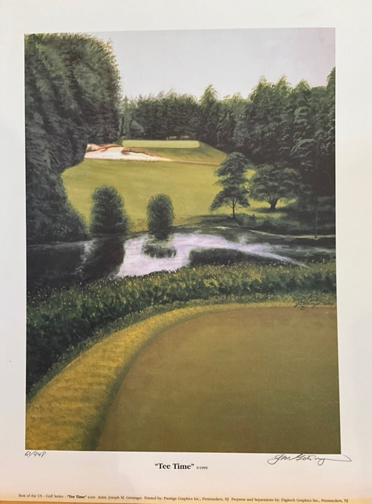 Unframed and matted print featuring a green golf course with a tree in the foreground, a river, and a golf hole in the background.
