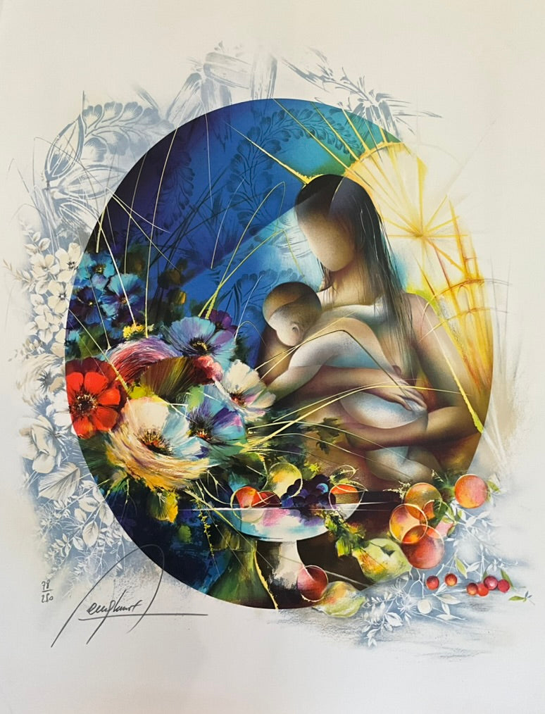 A framed artwork depicting a mother embracing her child with a background of colorful flowers and fruit, signifying a nurturing and protective relationship.