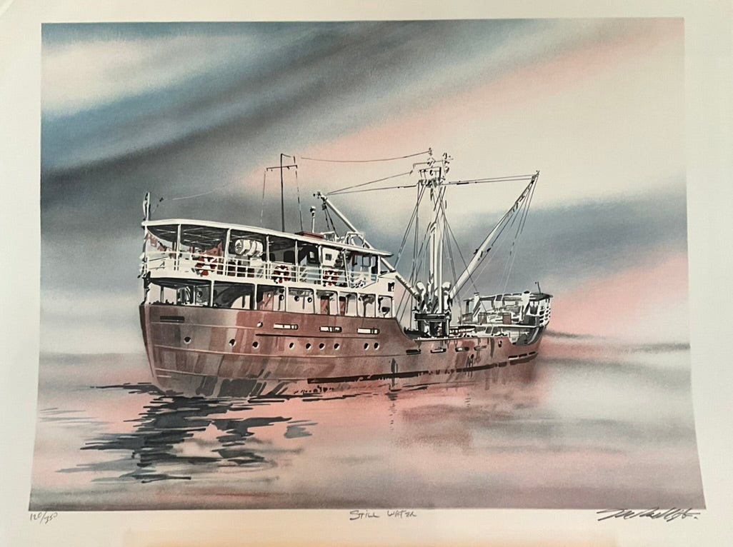 Unframed and matted print featuring a boat on calm waters, with a palette of gray and brown tones.