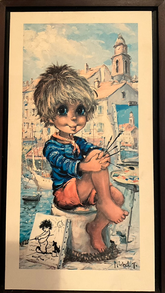 A painting of a boy with big eyes sitting and painting the surrounding scene of boats on the water outside a a building. Stylized, and primary color palette of blue, white and orange.