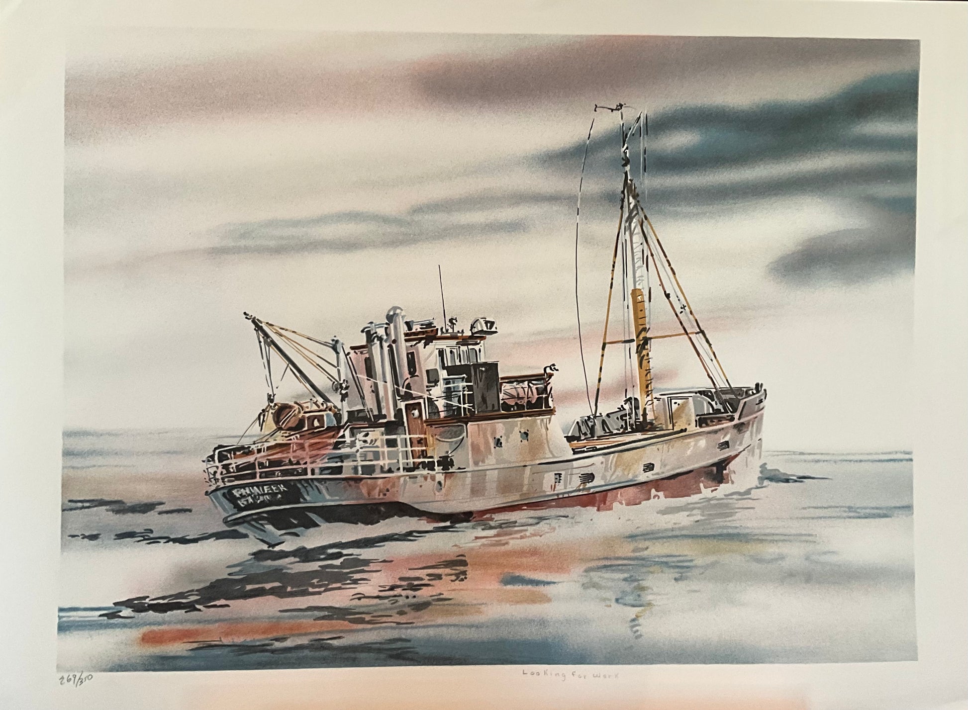 Andy Mytar “Looking for Work” limited-edition maritime print depicting fishing boats on the ocean under a soft coastal sky. Nautical seascape artwork with detailed vessels and calm blue water, signed by the artist, 21¾" x 29½" unframed, edition of 350.